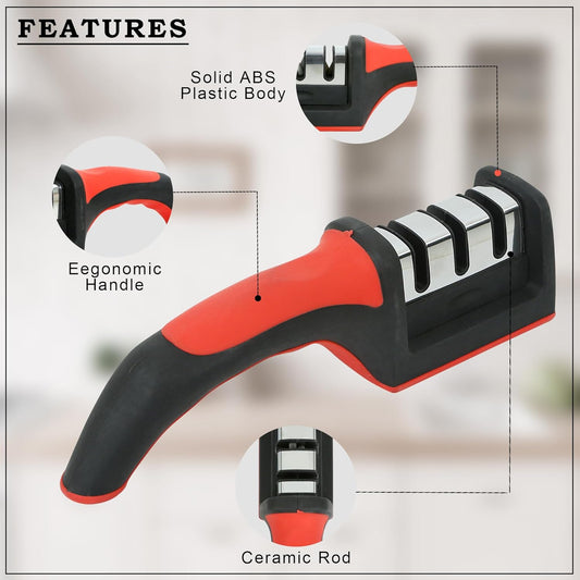 3 in 1 Knife Sharpener with Easy-Grip Handle and Non-Slip Rubber Base, 3-Stage Sharpening Tool forAll Types of Ceramic Knives and Steel Knives