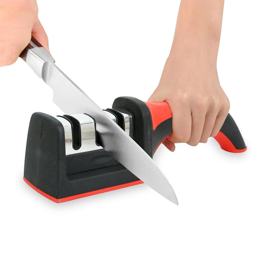 3 in 1 Knife Sharpener with Easy-Grip Handle and Non-Slip Rubber Base, 3-Stage Sharpening Tool forAll Types of Ceramic Knives and Steel Knives